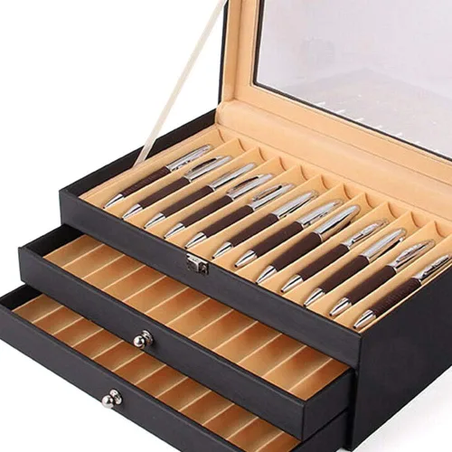 Miniatura 5 de Caja organizadora de bolígrafos de franela de cuero negro de 36 piezas, caja organizadora de bolígrafos de vidrio con tapa, vitrina de cristal