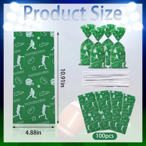 Miniatura 2 de Glodecart 100 bolsas de celofán de fútbol americano para decoración deportiva, fiestas, galletas, fútbol, deportes, bolsas de dulces con lazos