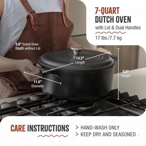 Miniatura 6 de Victoria - Horno holandés grande de hierro fundido con tapa y asas dobles. Olla de 6.6 litros sazonada con aceite de linaza 100% certificado Kosher