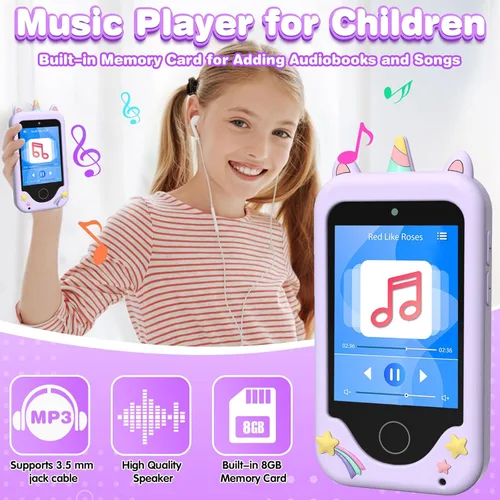 Miniatura 5 de Teléfonos de juguete para niños para niñas de 3, 4, 5, 6, 7, 8 años, teléfono táctil para niños pequeños con cámara, reproductor de música MP3