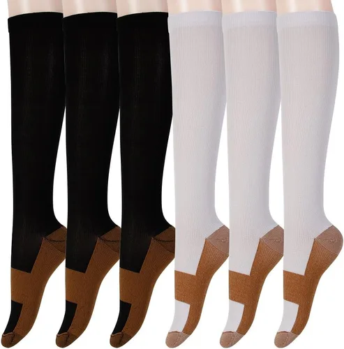 Miniatura 7 de Calcetines de compresión graduados de cobre, 6 pares de calcetines de compresión antifatiga hasta la rodilla para hombres y mujeres, medias de Negro