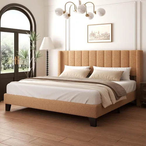 Miniatura 14 de Marco de Cama Queen con Cabecero Tapizado Marco de Cama de Plataforma con Cabecero de Terciopelo Teddy, Soporte de Listones de Madera/Diseño de Gris