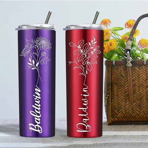Miniatura 6 de Regalos personalizados para mujer, vaso personalizado grabado con flor de nacimiento de 20 onzas, vaso delgado con nombre personalizado con tapas