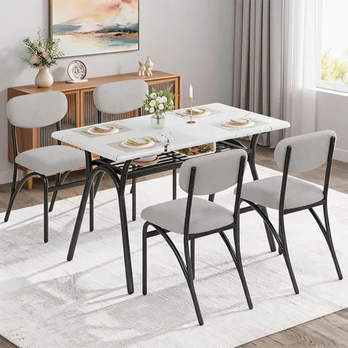 GarveeHome Juego de mesa de comedor de 5 piezas para 4, mesa de cocina moderna con 4 sillas de bouclé, mesa de comedor rectangular con estante de