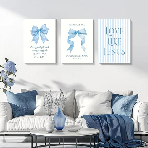 Miniatura 3 de Decoración de pared de 3 piezas con lazos azul claro, decoración de pared para habitación de niña adolescente de Jesús, bonitas imágenes