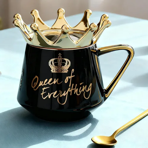 Miniatura 2 de Arawat Queen of Everything - Taza con tapa, taza negra dulce con corona de café, taza de 12 onzas, regalo con cuchara y posavasos, taza de té