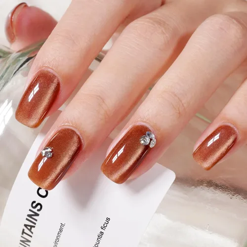 Miniatura 2 de AILLSA - Esmalte de uñas de gel ojo de gato color marrón con purpurina dorada con imán, esmalte de uñas de gel ámbar destello nude con cristales