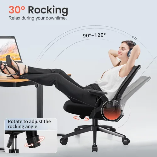 Miniatura 5 de COMHOMA Silla de oficina con reposabrazos abatibles, silla de escritorio ergonómica para computadora con soporte lumbar adaptable y malla Negro