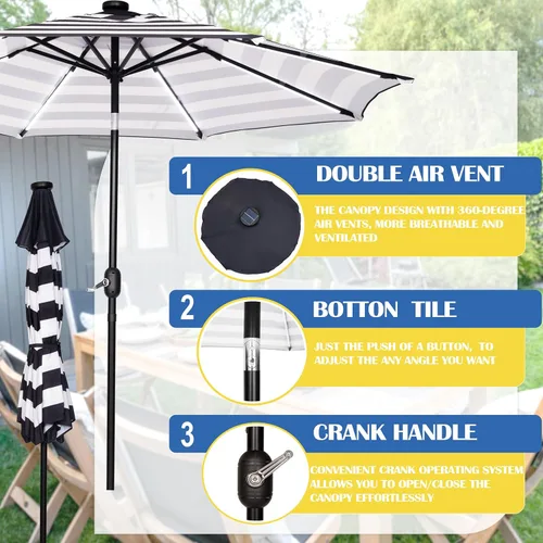 Miniatura 3 de Sunnyglade Sombrilla solar de patio con luz LED para exteriores de 9 pies con 8 tiras de luces LED y 8 varillas, práctico sistema de elevación