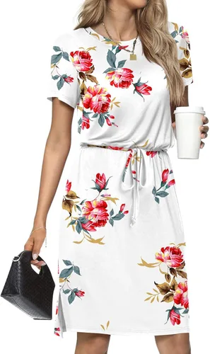 Miniatura 6 de JeashCHAT Womens Summer Mini Dresses Floral Printed Short Sleeve Sundress Casual Beach Dresses with Pockets