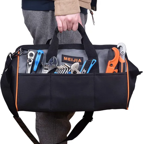 Miniatura 5 de MEIJIA Bolsa de herramientas portátil de boca ancha abierta con múltiples compartimentos, resistente con parte inferior de tablero de polietileno