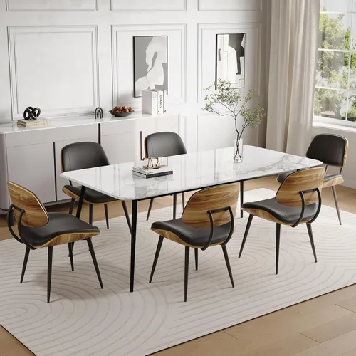 Miniatura 10 de Juego de 2 sillas de comedor modernas de mediados de siglo, sillas de cocina sin brazos de piel sintética con respaldo de madera curvada de nogal