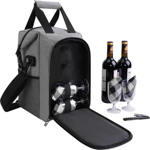 Miniatura 13 de ALLCAMP - Bolsa de vino con compartimento refrigerador, juego de picnic que lleva dos juegos de vajilla Negro