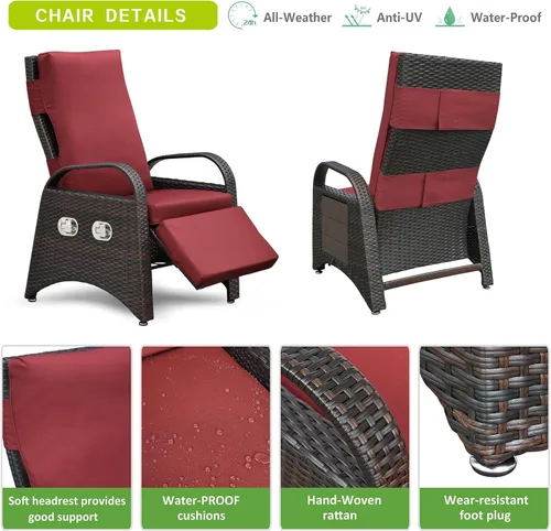 Miniatura 4 de Skypatio Silla reclinable de mimbre para exteriores con mesa auxiliar, respaldo ajustable independientemente y reposapiés, silla reclinable para Rojo