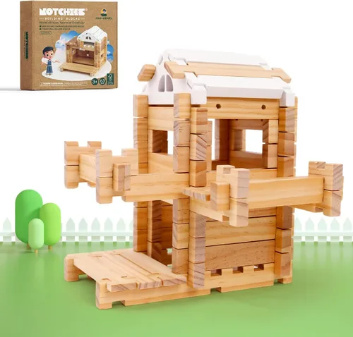 Jovi-mindly &Notchies - Juego de 63 bloques de madera para principiantes, juguetes de aprendizaje preescolar, bloques de madera para niños a partir