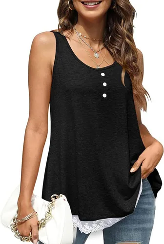 Miniatura 6 de Women Crewneck Button Up Tank Top Casual Loose Pure Color Lace Trim Ruffle Hem Camisole for Daily Party Date