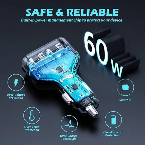 Miniatura 5 de SUNDA Cargador de Coche USB C Rápido de 60W Adaptador de Carga de Coche de 4 Puertos Dual Tipo C PD30W/PPS30W Compatible con iPhone 17/16