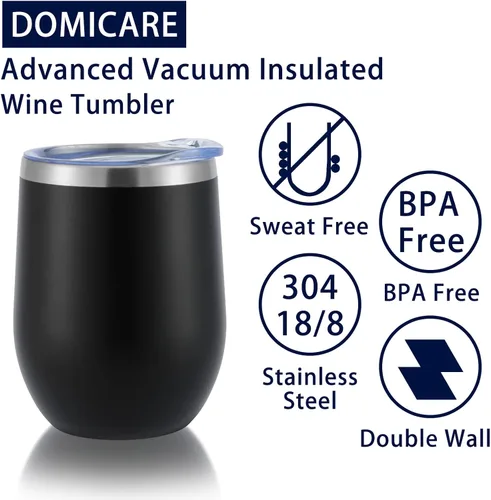 Miniatura 7 de DOMICARE - Vaso de vino de 12 onzas con tapa, hecho de acero inoxidable con aislamiento al vacío de doble pared, paquete de 1 unidad, color negro