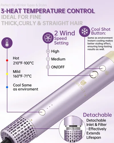Miniatura 6 de Cepillo secador de pelo, estilizador de aire caliente de doble voltaje 8 en 1, secado rápido, 110,000 rpm, secador iónico con accesorios alisadores
