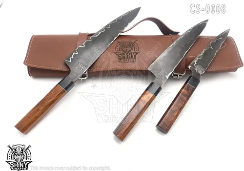 Miniatura 2 de Juego de cuchillos de cocina de acero San Mai hechos a mano personalizados con mango de madera y hoja de acero mezclado, cuchillos de chef con rollo