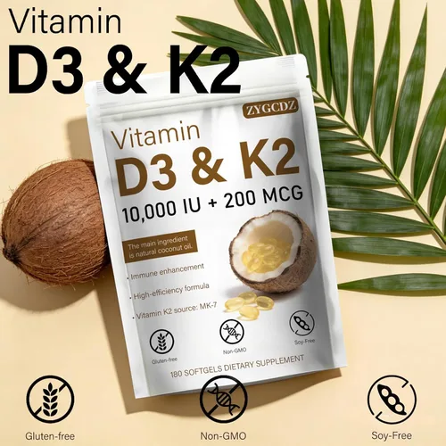 Miniatura 7 de Vitamina D3 10000 UI con cápsulas blandas K2 MK-7 de 200 mcg, 180 unidades Apoya la salud ósea, cardíaca e inmunológica Absorción mejorada