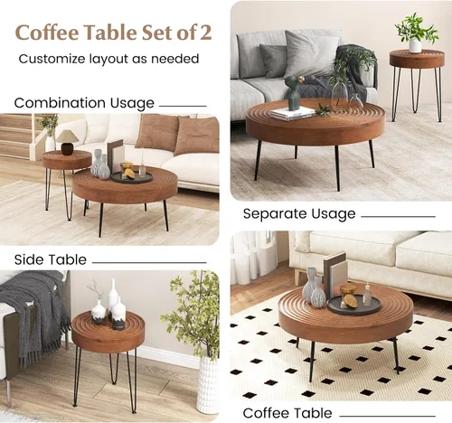Miniatura 7 de Giantex Juego de 2 mesas auxiliares redondas bohemias, mesa anidable lateral para sofá con parte superior de madera de pino maciza, patas de metal
