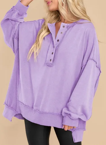 Miniatura 10 de AlvaQ - Sudadera de gran tamaño para mujer, informal, de manga larga, con botones y cuello Henley, tipo túnica