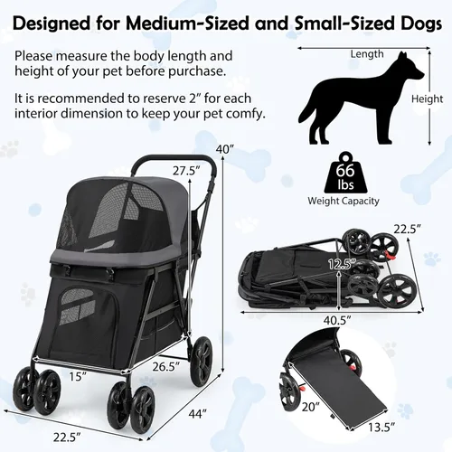Miniatura 8 de Giantex Cochecito para perros con entrada baja y acceso a rampa, cochecito para gatos con ruedas todo terreno bloqueables y que absorben los golpes