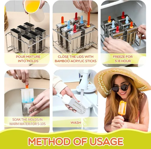 Miniatura 2 de Jingmore Moldes de acero inoxidable, 6 moldes de metal de cabeza redonda con soporte y palos reutilizables, para hacer helados de metal para yogur