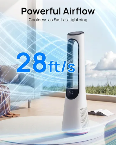 Miniatura 2 de Uthfy 38 Inch Bladeless Tower Fan, 120° Oscillation Quiet Standing Fans, 20 Speeds & 4 Modes, Ambient Light, Remote Control, 12H Timer, Ideal for
