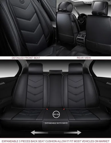 Miniatura 3 de OASIS AUTO OS-003, Fundas de cuero y tela para asientos de automóvil. Cubierta acojinada de cuero sintético para autos, SUV, camioneta Pick-up, Negro
