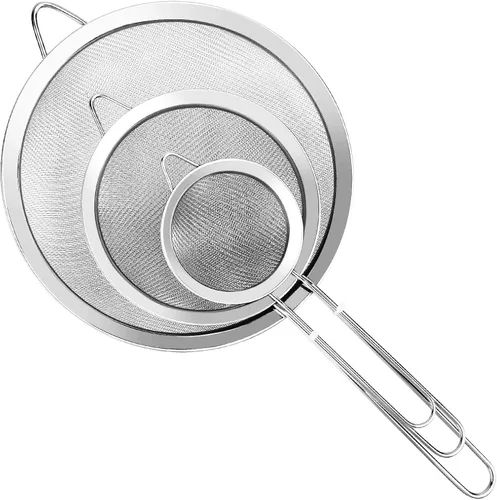 Juego de 3 coladores de malla extrafina de alambre con mango, tamaño pequeño, mediano y grande, tamiz de acero inoxidable, coladores de malla fina