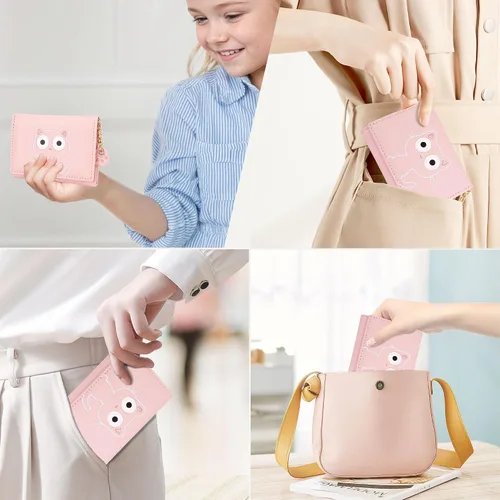 Miniatura 69 de CONISY Lindas carteras para mujer, de cuero con bloqueo RFID, pequeña cartera triple con ventana de identificación para niñas y mujeres