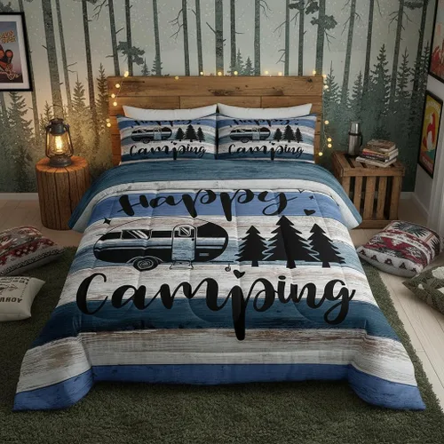 Miniatura 41 de Happy Camping - Juego de edredón de 3 piezas, tamaño Queen, retro, azul, rojo, blanco, rayas de madera, para niños, adolescentes, adultos, Multi 19