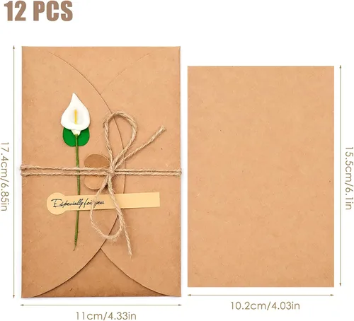 Miniatura 3 de Paquete de 12 tarjetas de felicitación de flores secas con sobres, tarjeta de regalo retro marrón de papel kraft para vacaciones, tarjeta