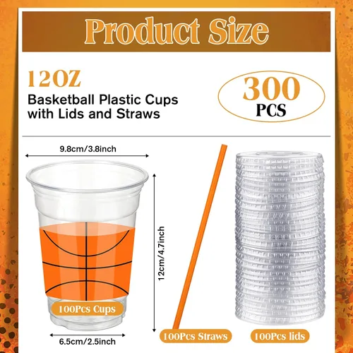 Miniatura 2 de Yaomiao 300 Piezas Vasos de Plástico de Baloncesto de 12 oz con Tapas y Pajitas Vasos Transparentes Desechables de Plástico Feliz Fiesta Temática