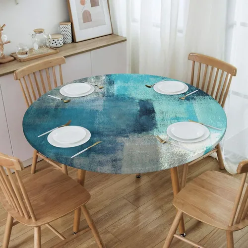 Miniatura 10 de Mantel elástico redondo con borde de hojas verdes salvia, ajustable para mesa de 40 a 44 pulgadas de diámetro
