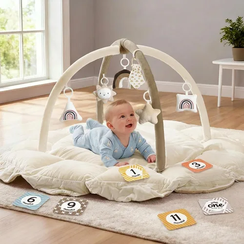Miniatura 9 de Mallify Gimnasio de felpa 5 en 1 para bebés, tapete de juego para bebés, gimnasio convertible para bebés con manta y 6 juguetes, tapete