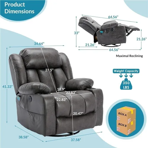 Miniatura 2 de Power Swivel Glider Recliner with Lumbar Heat & Vibration Massage, Large Electric Rocking Chair with USB Ports, Cup Holder & Side Pockets – Home