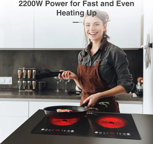 Miniatura 9 de VBGK Cocina eléctrica, 110 V, 24 pulgadas, 2 quemadores, estufa integrada y encimera, estufa de 2200 W, 9 niveles de potencia, bloqueo