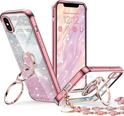 Miniatura 11 de XYZ para Funda de iPhone Xs Max con Soporte, Funda de Teléfono con Doble Soporte de Anillo, Funda de Amor-Corazón Linda de Lujo con Brillantina