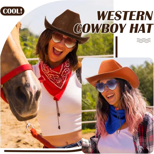 Miniatura 5 de Geyoga 9 piezas de sombrero de vaquero para adulto con bandana de vaquero y gafas para disfraz del oeste, accesorio para hombres y mujeres