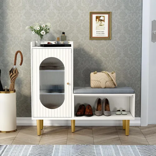Miniatura 14 de HLR Banco de almacenamiento con puerta y estante de cristal, moderno banco de zapatos de entrada con asiento acolchado, armario de almacenamiento
