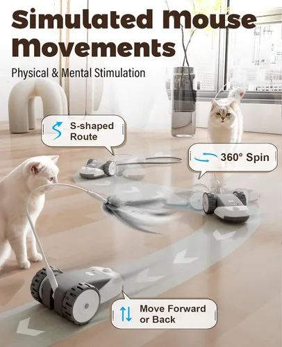 Miniatura 3 de CYROS Juguete interactivo 3 en 1 para gatos - Juguetes para gatos de ratón móvil automático de 2 velocidades para juego independiente con 2 piezas