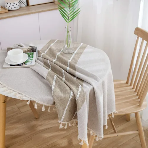 Miniatura 5 de Dimatic Mantel de Algodón y Lino de Peso Pesado - Mantel Redondo de 60 Pulgadas - Cubierta de Mesa con Costura de Borlas para Decoración de Beige