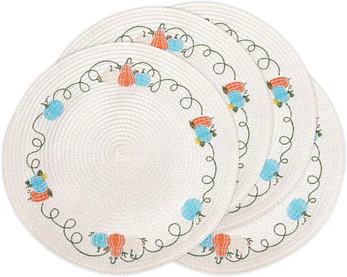 Miniatura 10 de Whaline 4 piezas de manteles redondos con diseño de abeja y girasol bordados, manteles florales para mesa de comedor en casa, para primavera