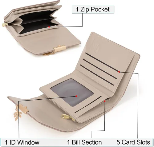 Miniatura 111 de UTO - Cartera pequeña RFID de piel sintética con dije de hoja, cierre de cremallera y tarjetero.