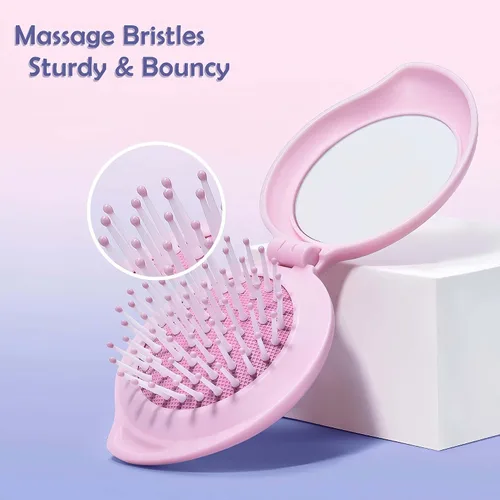 Miniatura 3 de Cepillo de pelo de viaje con espejo para bolso/mochila, mini cepillo plegable para el pelo y set de espejo de maquillaje portátil en rosa kawaii