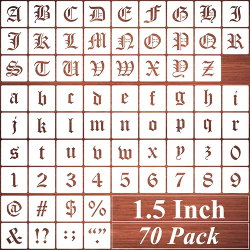 Miniatura 13 de Plantillas de letras del alfabeto de 1 pulgada para pintar, paquete de 70 plantillas de letras y números en inglés antiguo con letreros para pintar