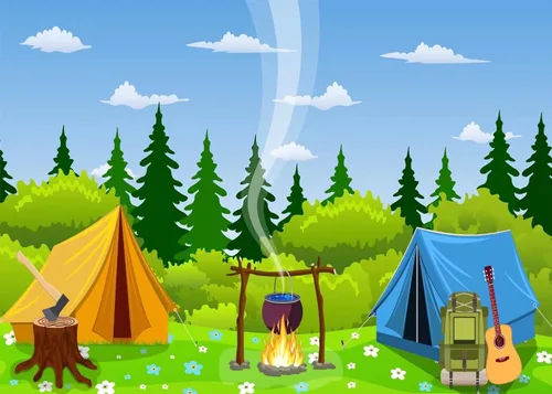 BELECO Telón de fondo de campamento de 5 x 3 pies, tela de dibujos animados, escena del bosque, fogata, tienda de campaña, tienda de campaña para